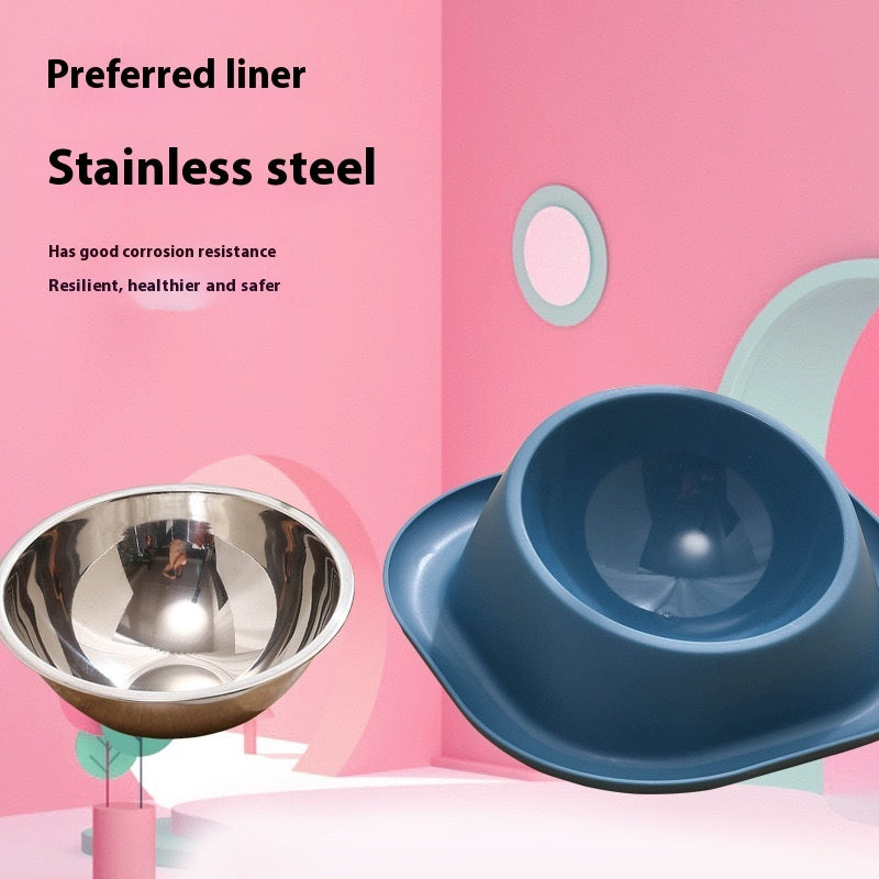 Two dog bowls, one metallic and one blue