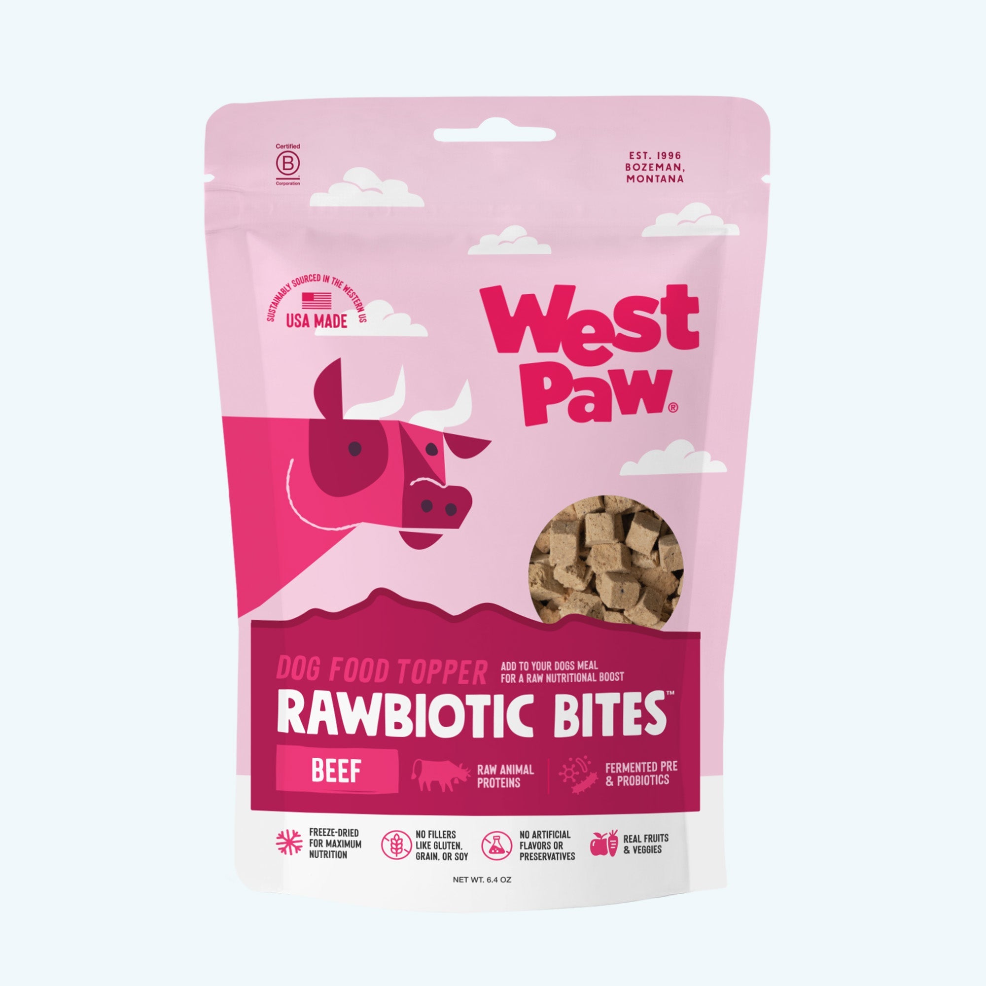 Pink package of West Paw Rawbiotic Bites for dogs on a white background