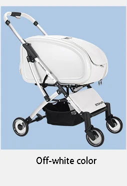 White stroller on a light blue background with 'Off-white color' text.