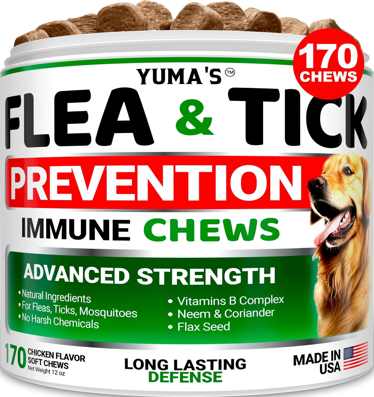 Yuma's Flea & Tick Prevention Immune Chews container with a dog on the label.
