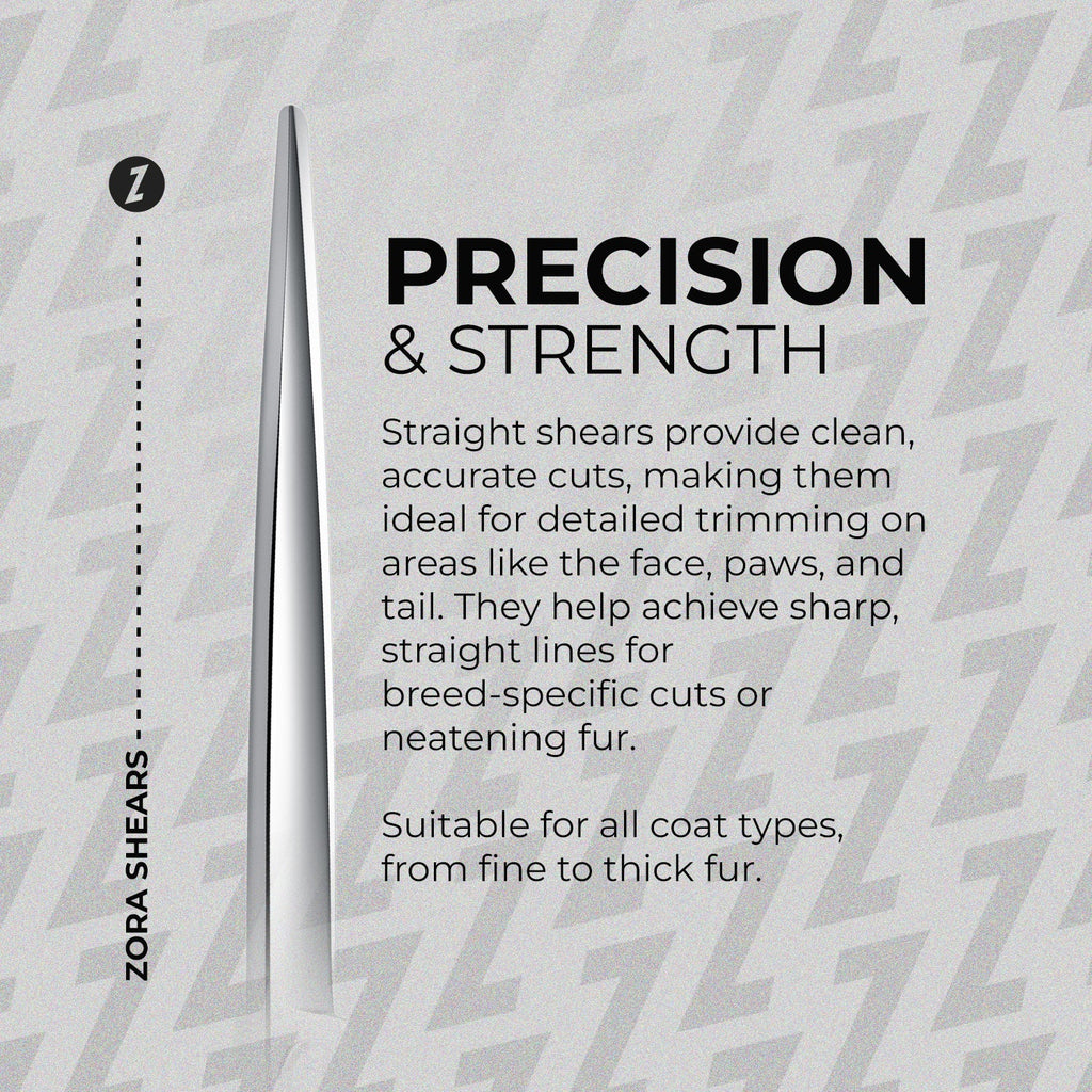 Zora Shears straight shears with text on precision and strength on a gray patterned background