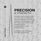 Zora Shears straight shears with text on precision and strength on a gray patterned background