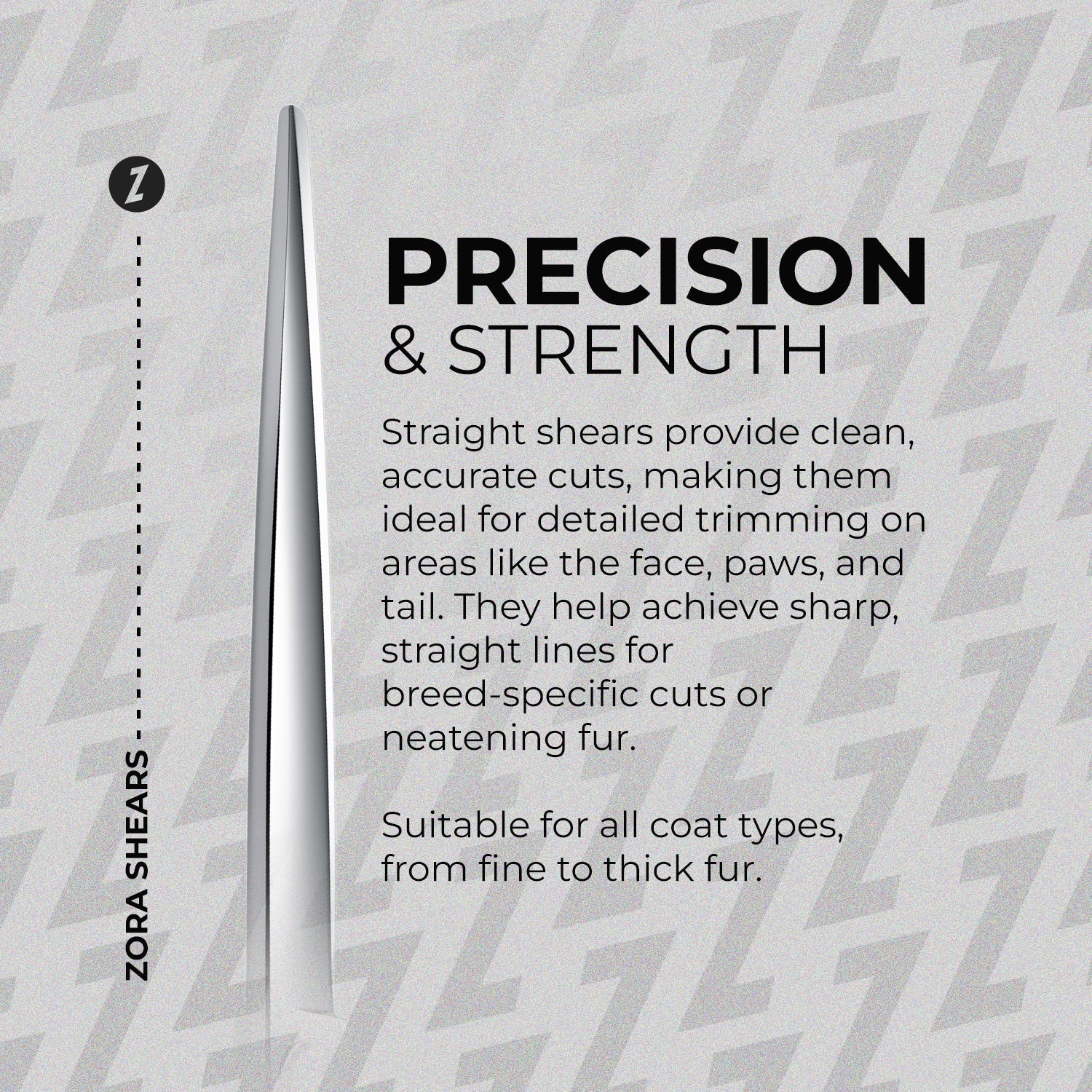 Zora Shears straight shears with text on precision and strength on a gray patterned background