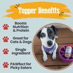 Dog with a bowl of food and a supplement bottle on a wooden floor, surrounded by text about topper benefits.