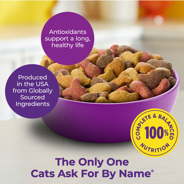 Purple bowl of cat food with  antioxidants, production location, and nutrition.