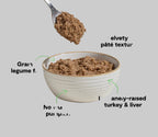 Bowl of pet food with a spoonful above