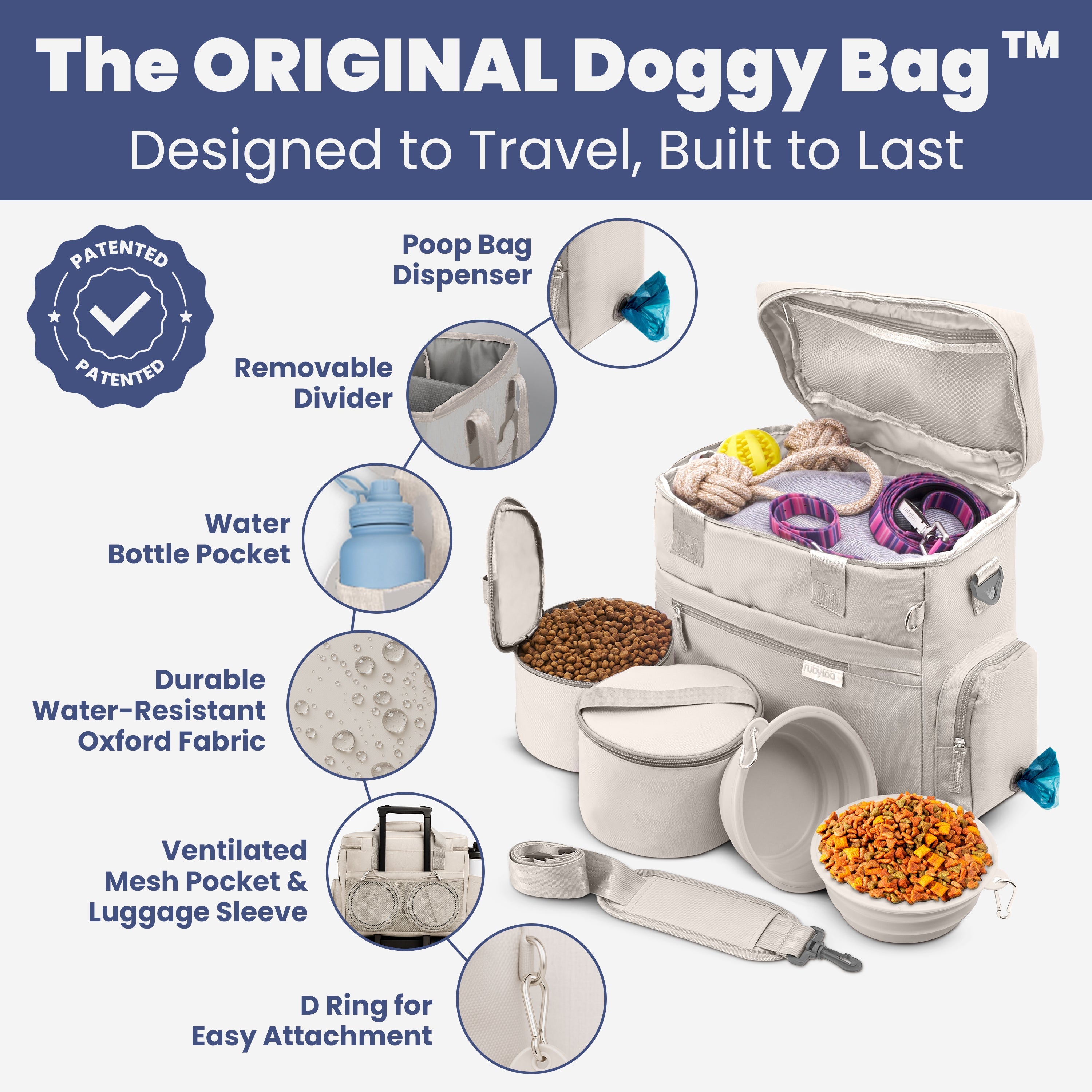 Doggy bag with features highlighted on a blue background