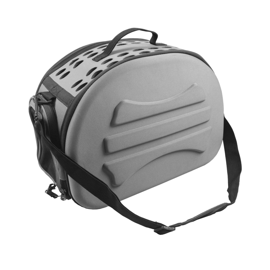 Gray pet carrier with black straps 