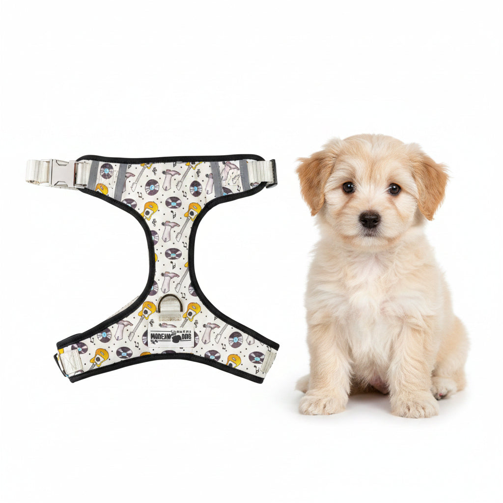 A dog harness with a white background and a colorful retro pattern of yellow guitars, vinyl records, and music notes, 