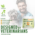 Veterinarian with a dog and Herbal Defense Powder bottle, highlighting product features.