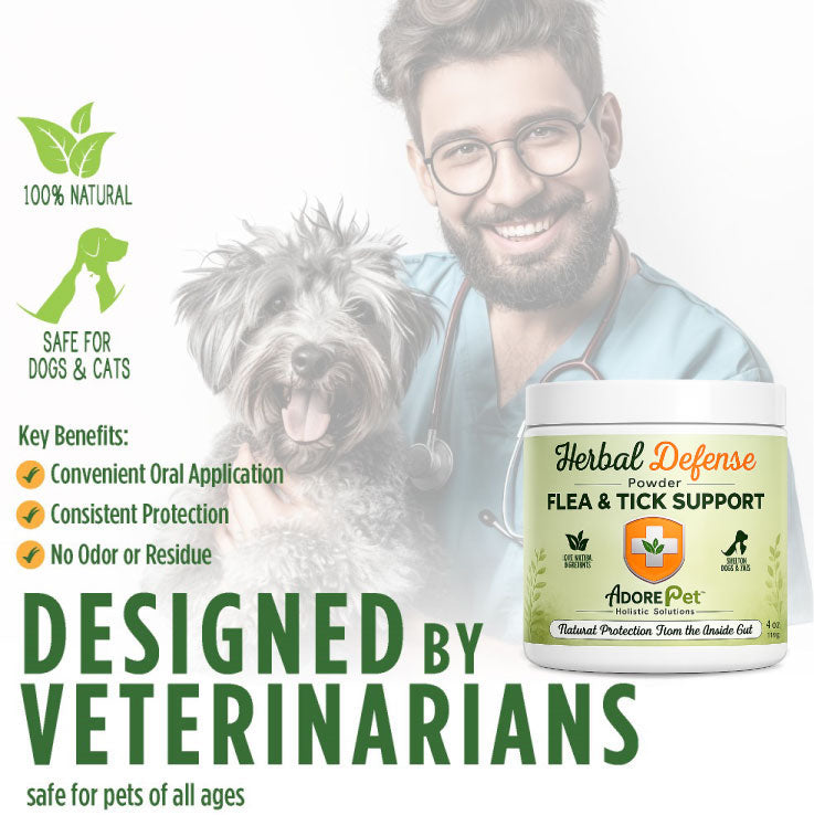 Veterinarian with a dog and Herbal Defense Powder bottle, highlighting product features.