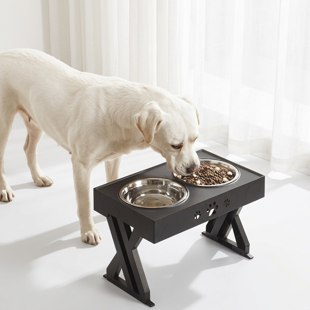 White dog eating from a raised pet feeder with two bowls on a light wooden floor.