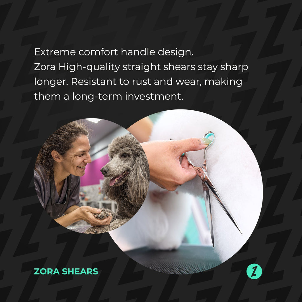 Zora Shears dog grooming shears with a woman grooming a dog and text about shears durability.