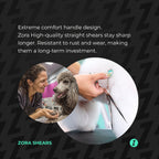 Zora Shears dog grooming shears with a woman grooming a dog and text about shears durability.