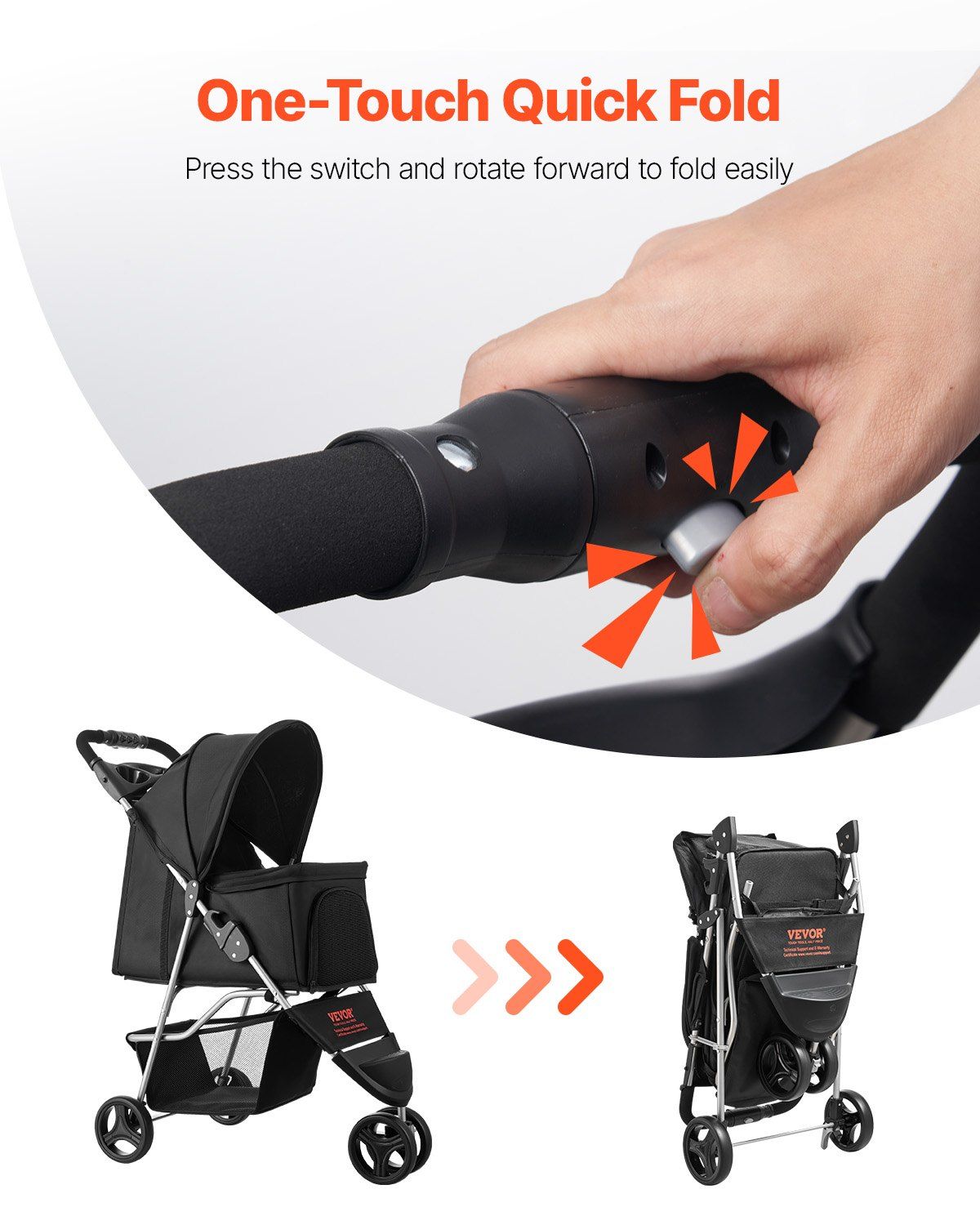 Pet Stroller Foldable 3 Wheels Dog Stroller with Brake up to 35lbs Travel Camp