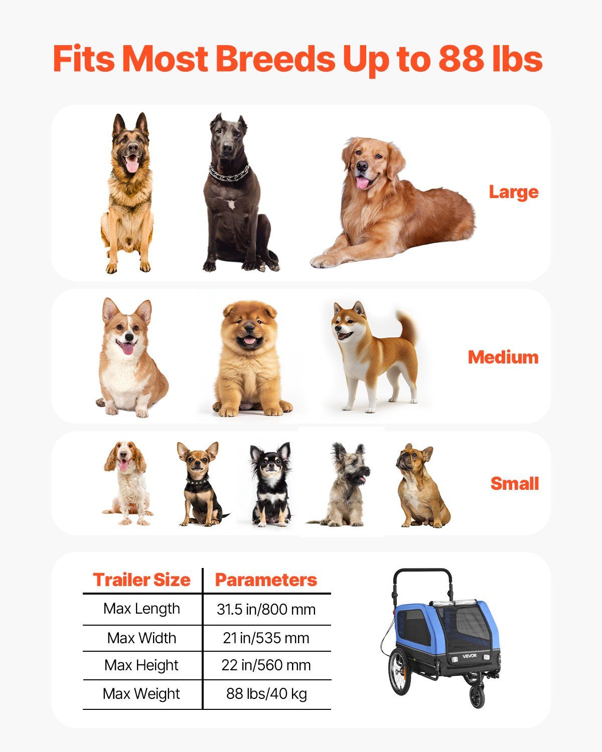 Dog Bike Trailer, Supports up to 88 lbs, 2-in-1 Pet Stroller Cart Bicycle Carrier for Small & Large Dogs, Easy Folding Frame with Quick Release Wheel, Universal Bicycle Coupler, Internal Leash