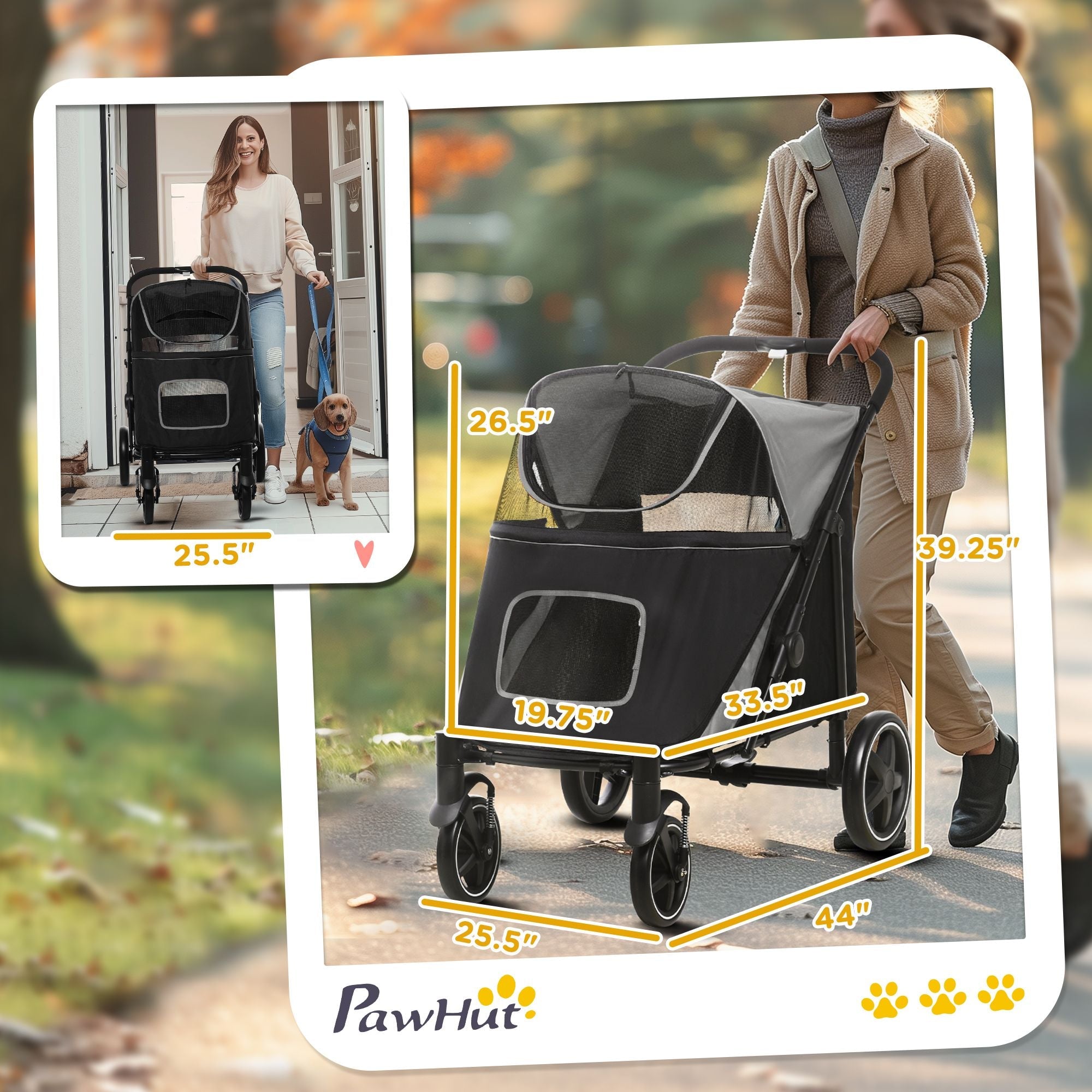 PawHut Pet Stroller Dog Cat Carriage One Click Fold with Universal Front Wheels Shock Absorber Brakes Storage Bags Mesh Window