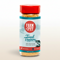 Bottle of Farm to Pet Treal Toppers dog food topper on a light blue background