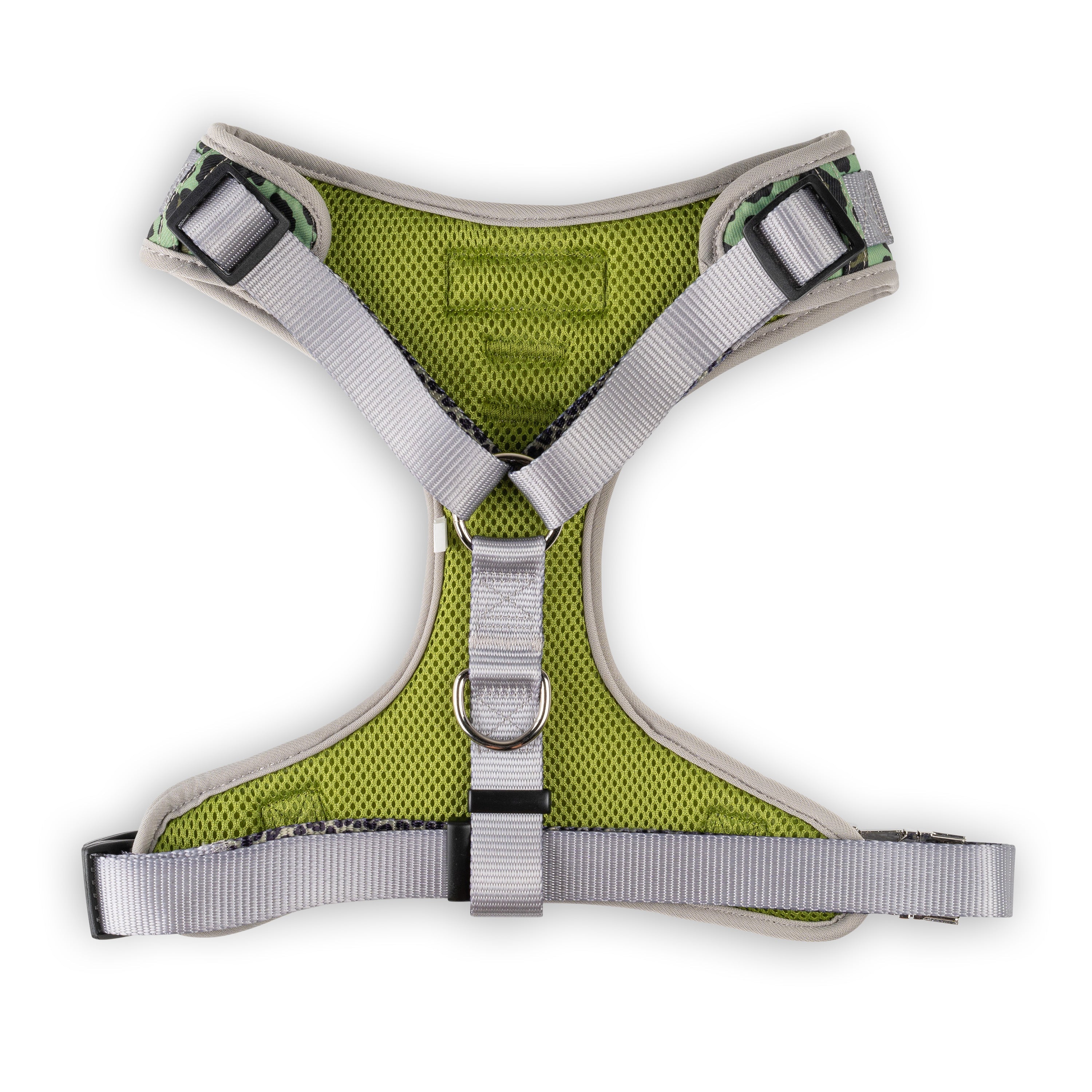 Green and gray dog harness on a white background