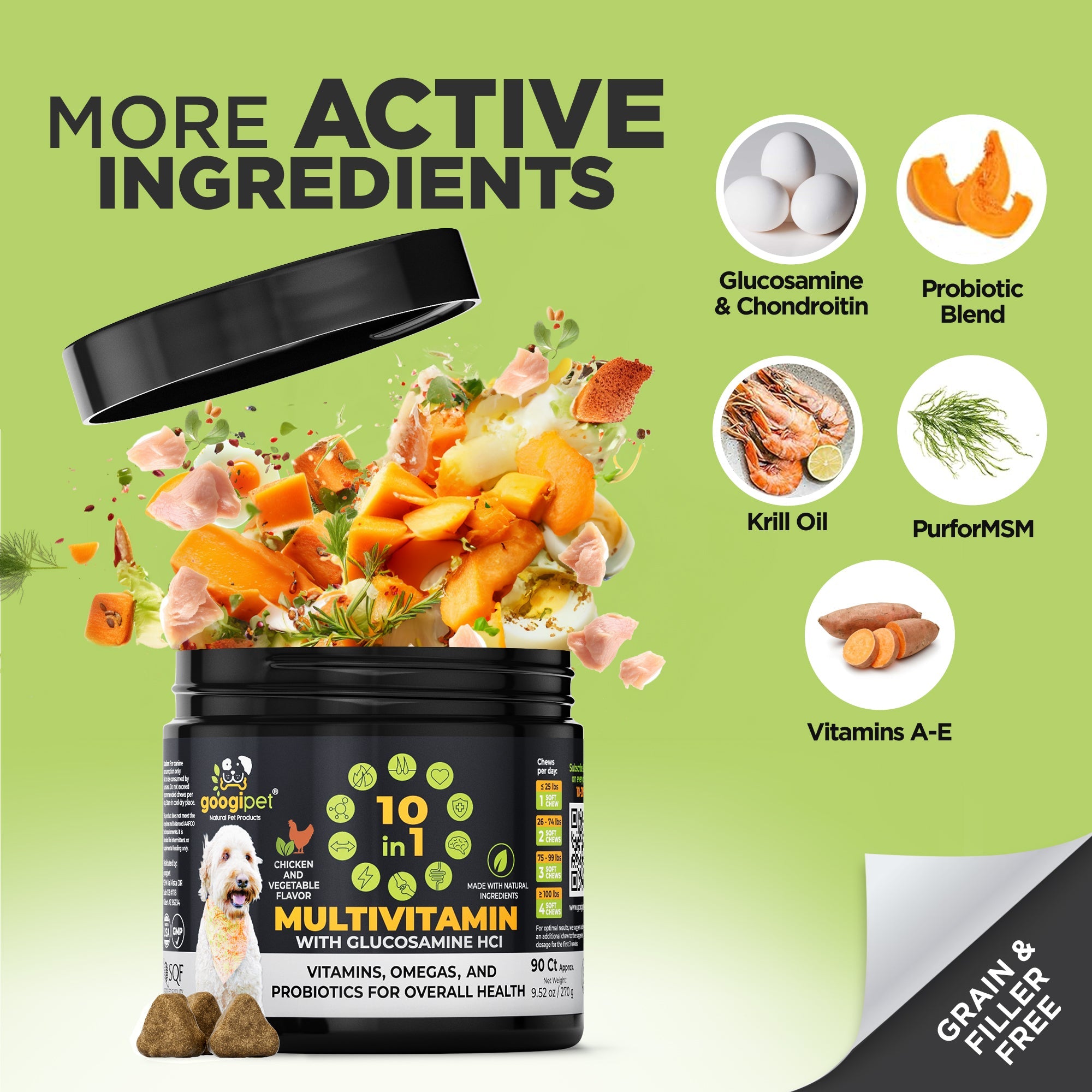 healthy dog taking Googipet 10-in-1 multivitamin soft chew daily supplement