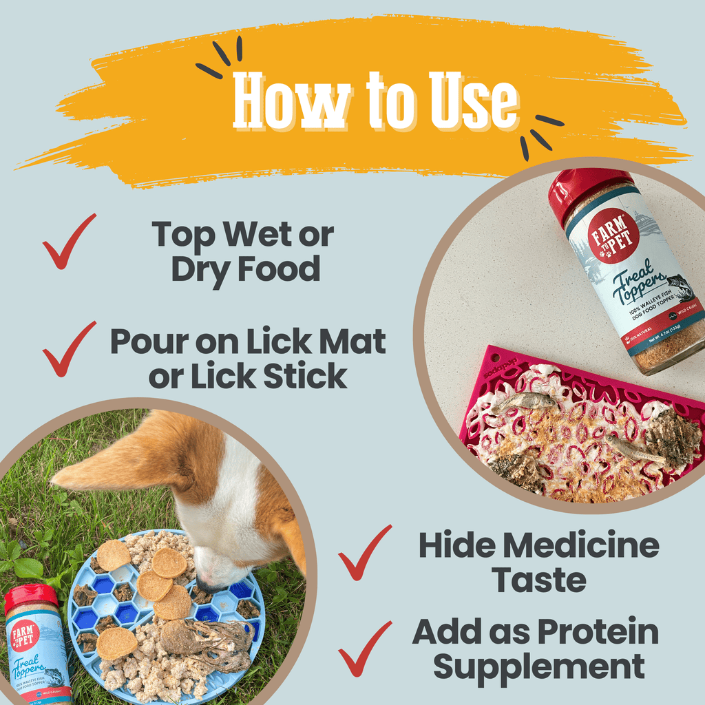 Instructions on how to use a pet product with images of a dog eating and a product bottle.