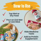 Instructions on how to use a pet product with images of a dog eating and a product bottle.