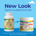 Two multivitamin products for pets with a blue background and text indicating 'New Look, Same Trusted Formula'.