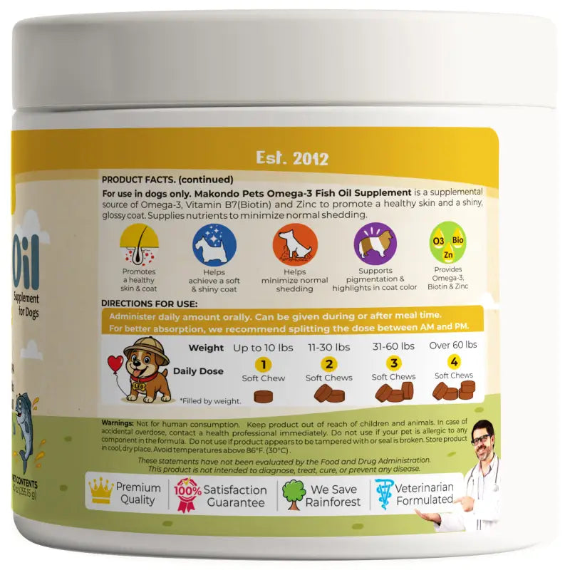 Dog supplement container with label and graphics on a white background
