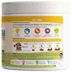 Dog supplement container with label and graphics on a white background