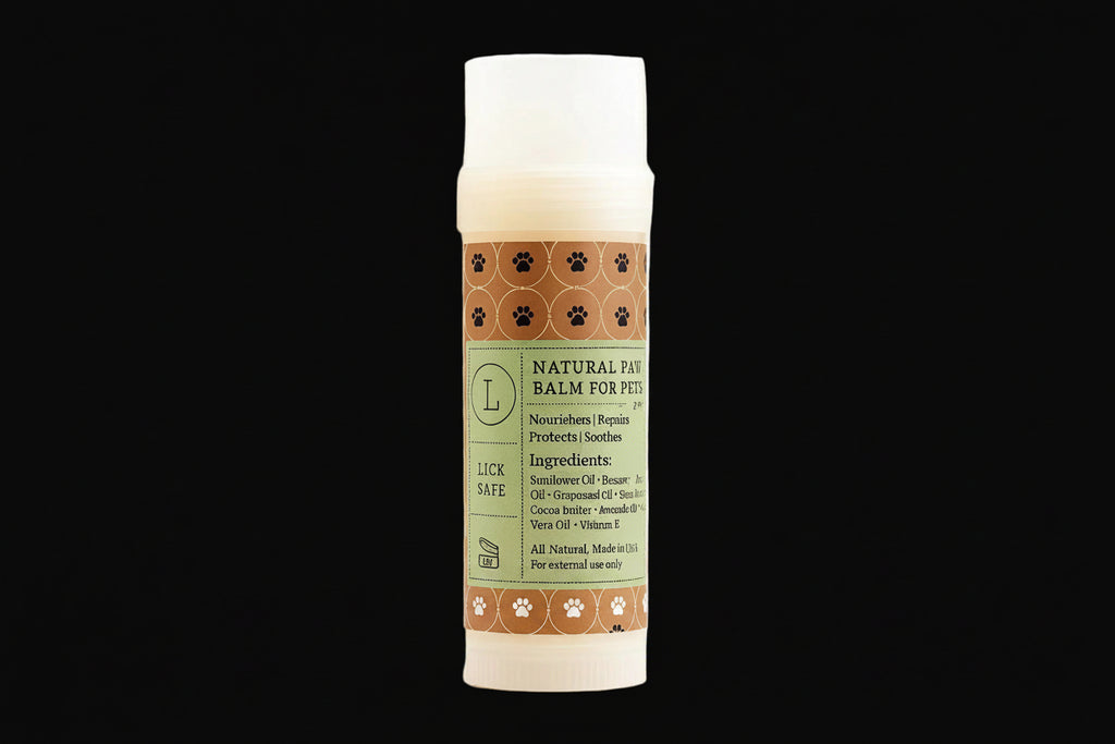 Bottle of natural paw balm for pets with a label