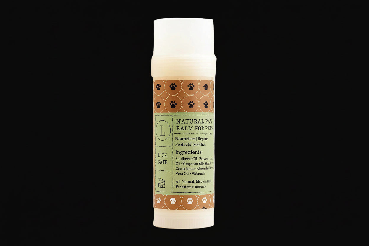 Bottle of natural paw balm for pets with a label