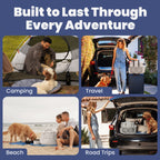 Collage of people with pets engaging in various activities like camping, travel, beach, and road trips with text 'Built to Last Through Every Adventure'.