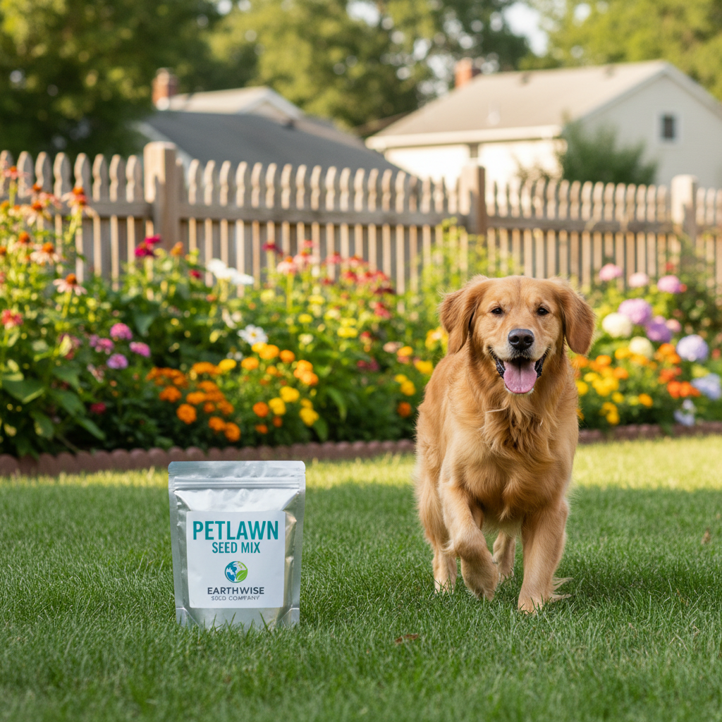 Dog running in a grassy field with a bag of Petlawn Seed Mix in the foreground.