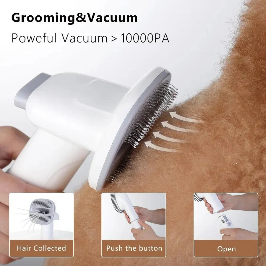 Grooming and vacuum tool being used on a dog's fur with text indicating powerful suction.