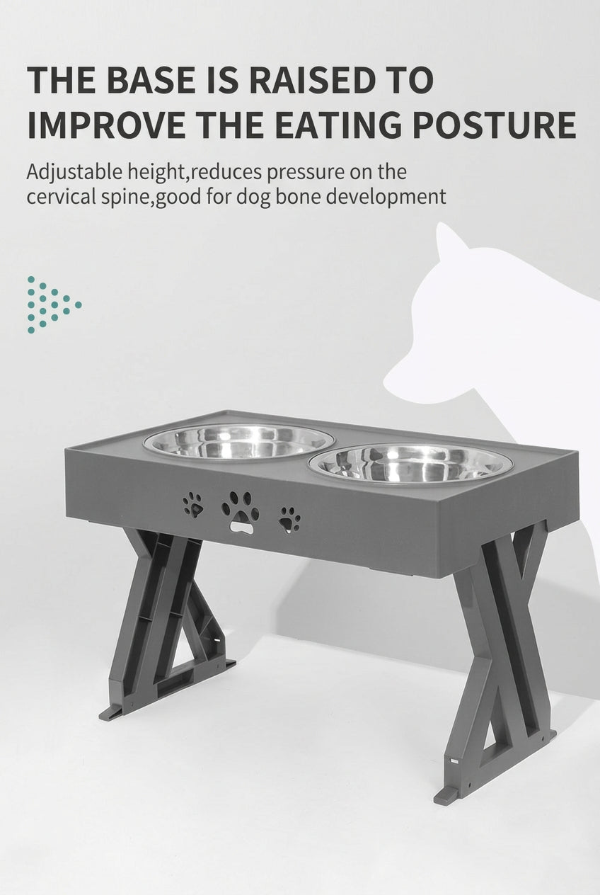 Pet feeding station with raised base and two bowls