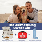 Couple with a dog on a beach, featuring pet products