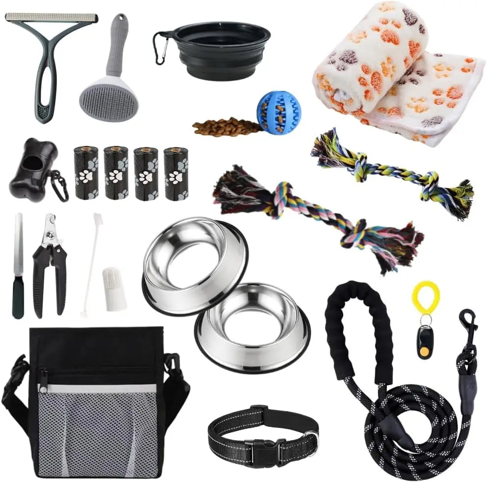 Assorted pet care products including bowls, leashes, and toys on a white background