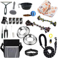 Assorted pet care products including bowls, leashes, and toys on a white background